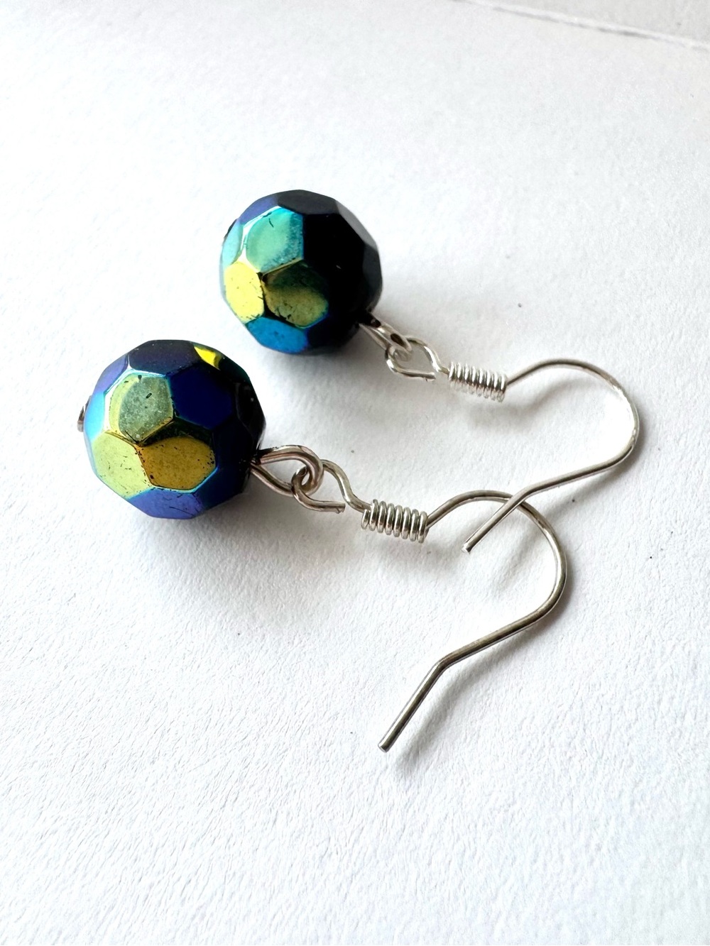 Electroplated Glass Peacock Iridescent Blue-Green Faceted Bead Drop Earrings
